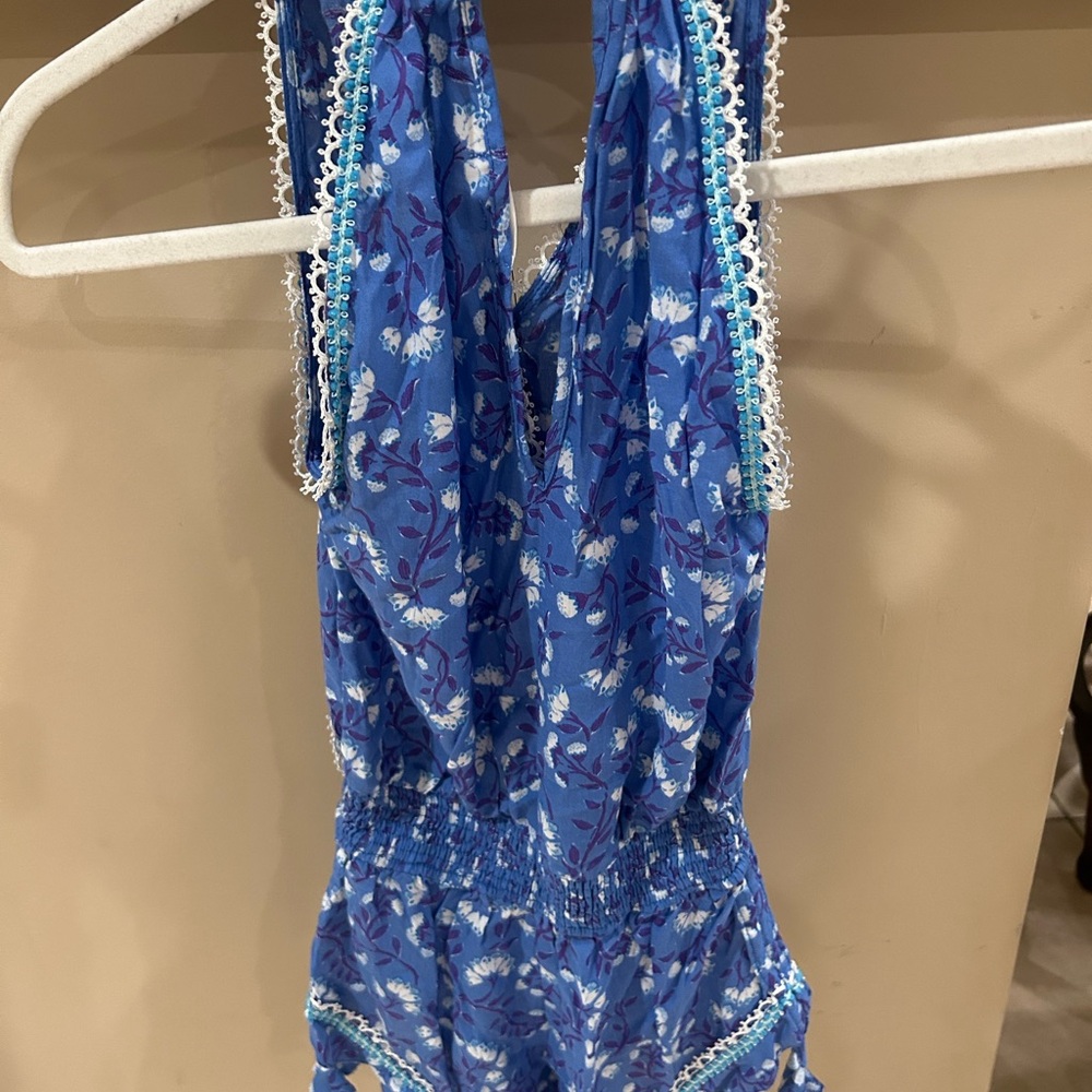 Kids Blue Floral Romper with Lace Trim